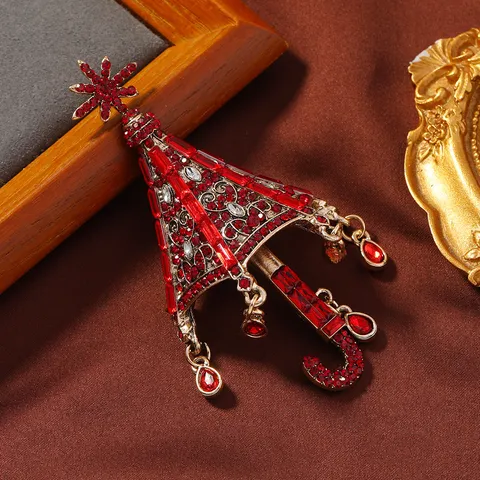 Vintage Heavy Metal Umbrella Snowflake Brooch Rhinestone Tassel Pendant Pin For Women Fashion Banquet Jewelry Accessories