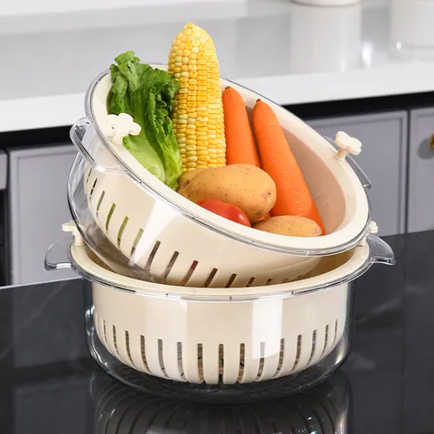 Rotating Double Layer Drain Basket Plastic Kitchen Vegetable Fruit Washing Sieve Storage Colander With Handle Household Strainer