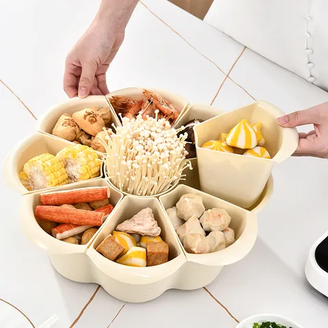 Περιστρεφόμενος Δίσκος Hot Pot Δίσκος Σερβιρίσματος Λαχανικών με Διαμερίσματα Σχήμα Λουλουδιού Καλάθι Στραγγίσματος για Κουζίνα