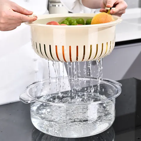 Rotating Double Layer Drain Basket Plastic Kitchen Vegetable Fruit Washing Sieve Storage Colander With Handle Household Strainer