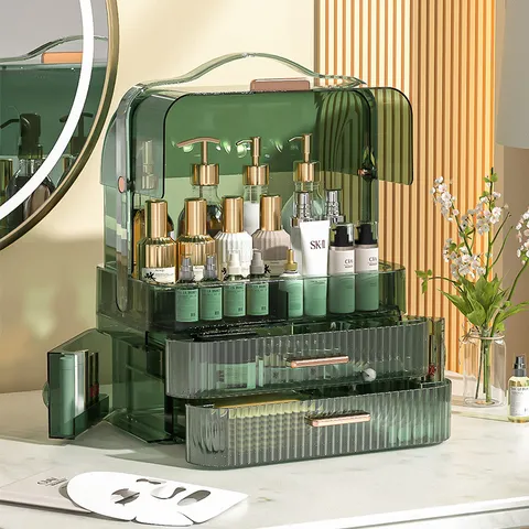 Light Luxury Transparent Makeup Organizer Dustproof Cosmetic Storage Box With Drawers Gold Handles Portable Skincare Display Case