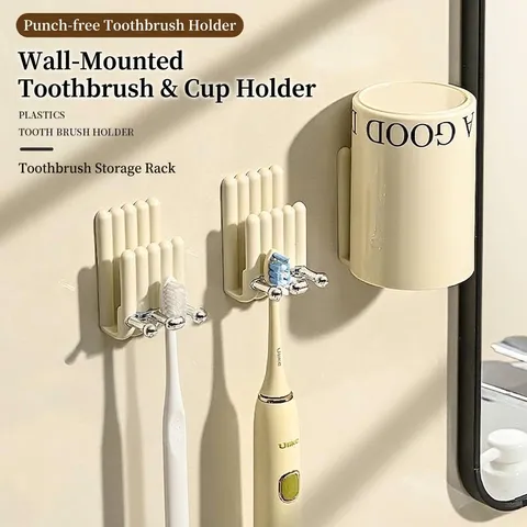 Porte-Brosse à Dents Électrique Mural sans Perçage Style Crème Organisateur de Salle de Bain Support de Gobelet Suspendu
