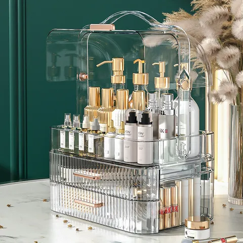 Light Luxury Transparent Makeup Organizer Dustproof Cosmetic Storage Box With Drawers Gold Handles Portable Skincare Display Case