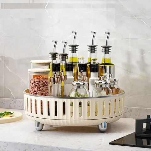 Plateau de Rangement Rotatif Moderne Minimaliste en Plastique Style Crème de Luxe Étagère à Épices Évidée Organisateur Cosmétiques Polyvalent pour Cuisine Salle de Bain