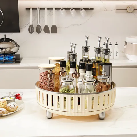 Plateau de Rangement Rotatif Moderne Minimaliste en Plastique Style Crème de Luxe Étagère à Épices Évidée Organisateur Cosmétiques Polyvalent pour Cuisine Salle de Bain