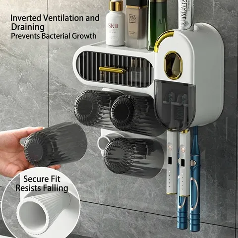 Acrylic Wall Mounted Toothbrush Holder With Automatic Toothpaste Squeezer Punch-Free Bathroom Storage Rack With Magnetic Cups