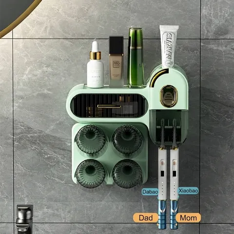 Acrylic Wall Mounted Toothbrush Holder With Automatic Toothpaste Squeezer Punch-Free Bathroom Storage Rack With Magnetic Cups