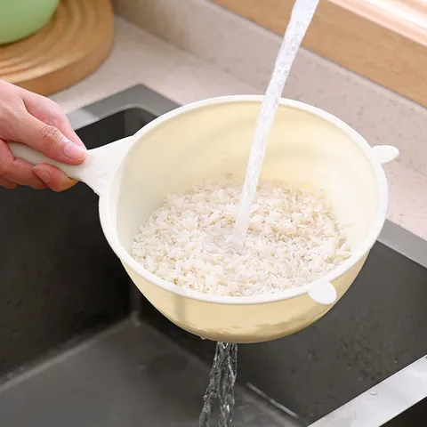 Multifunctional Kitchen Rice Washing Sieve Plastic Colander Drain Basket Long Handle Vegetable Fruit Strainer Filter Spoon Thickened Tool
