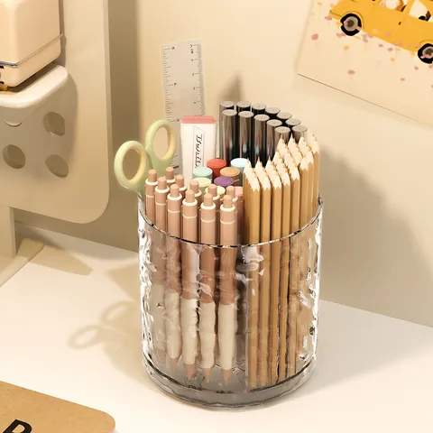 Modern Rotating PET Plastic Makeup Brush Organizer Water Ripple Texture Desktop Cosmetic Storage Tube Vanity Divided Pen Holder