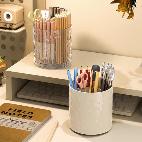 Modern Rotating PET Plastic Makeup Brush Organizer Water Ripple Texture Desktop Cosmetic Storage Tube Vanity Divided Pen Holder