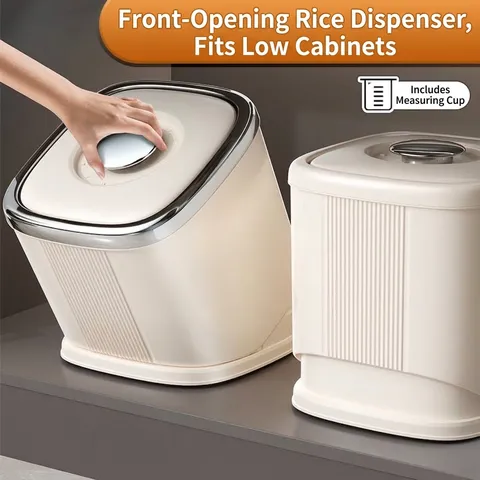 Seau à Riz Rotatif pour Cuisine PP de Qualité Alimentaire Boîte de Rangement Scellée Anti-humidité Avec Cadran d'Enregistrement de Date Crème