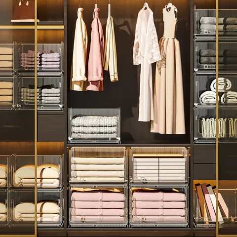 Stackable Transparent Clothes Storage Bins Large Capacity Drawer Type Wardrobe Organizer Box Vertical Stripe Plastic Baskets For Bedroom Closet