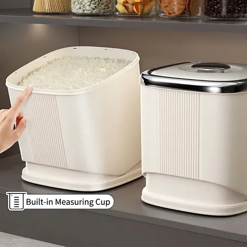 Seau à Riz Rotatif pour Cuisine PP de Qualité Alimentaire Boîte de Rangement Scellée Anti-humidité Avec Cadran d'Enregistrement de Date Crème