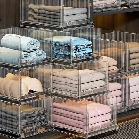 Stackable Transparent Clothes Storage Bins Large Capacity Drawer Type Wardrobe Organizer Box Vertical Stripe Plastic Baskets For Bedroom Closet