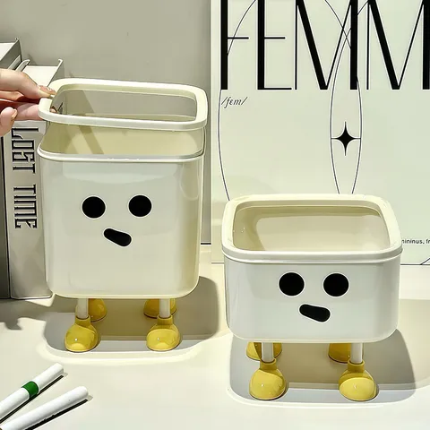 Creative Cute Cartoon Desktop Storage Box Mini Trash Can With Lid Decorative Feet Creamy White Jewelry Stationery Organizer