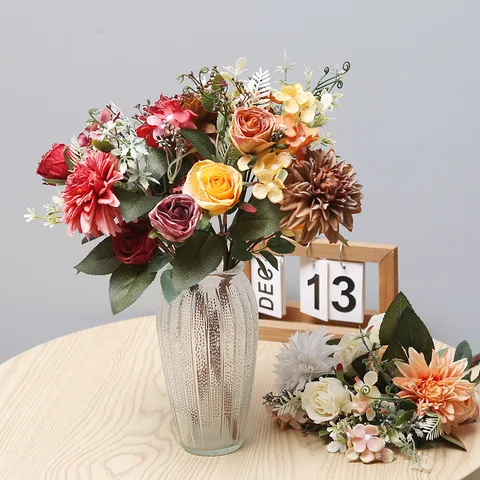 Artificial Dahlia Rose Flower Bouquet Silk Floral Arrangement For Wedding Hand Bouquet Photography Props Home Decor