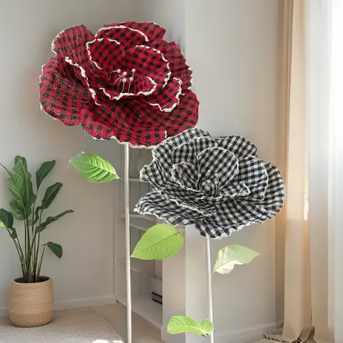 Artificial Silk Poppy Flower Plaid Rose Wedding Road Guide Photography Prop Home Decor Floral Arrangement