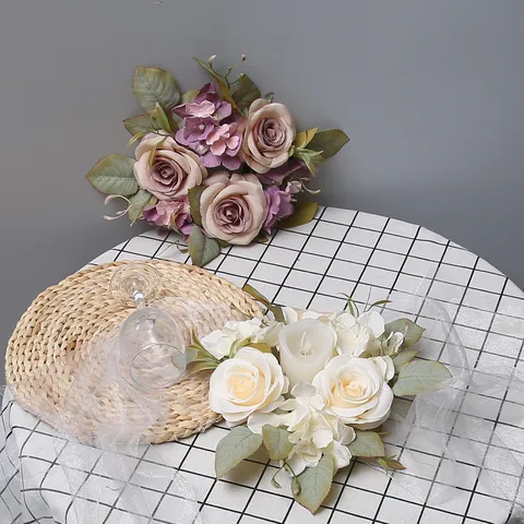 Artificial Rose Hydrangea Candle Ring Wreath Silk Plastic Floral Table Ornament For Home Wedding Party Decor