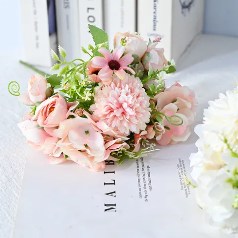 Noords Kunstboeket Zijde Hortensia Chrysant Roos Struik Voor Bruiloft Bruidsboeket Thuis Bloemen Decoratie