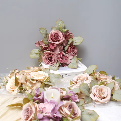 Artificial Rose Hydrangea Candle Ring Wreath Silk Plastic Floral Table Ornament For Home Wedding Party Decor