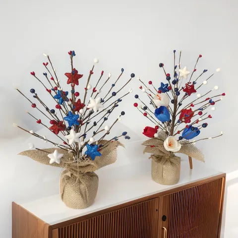 Rama Decorativa Patriótica de la Estrella y Baya con Purpurina Centro de Mesa de Flores con Maceta de Arpillera Adorno de Mesa para Fiesta de la Independencia