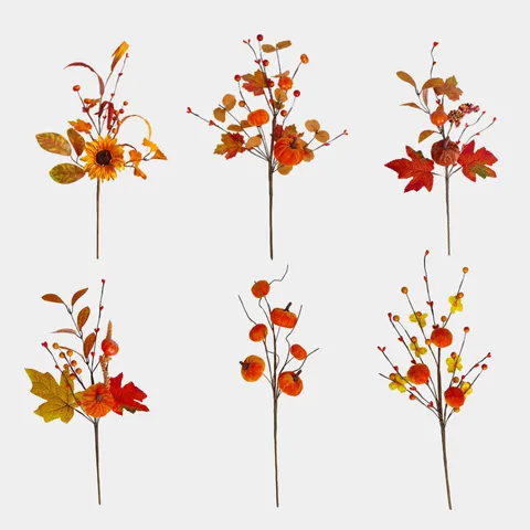 Ramo di Zucca e Foglie di Acero Artificiali Gambo di Pianta di Fiori da Raccolto Autunnale Finto per Ringraziamento Halloween Decorazione