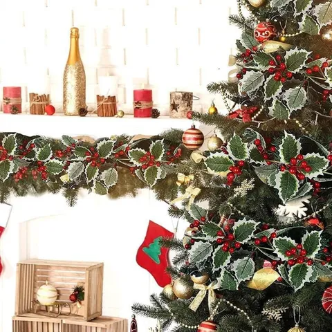 Artificial Christmas Garland With Norfolk Pine Red Berries Frosted Winter Holly Leaf Vine For Table Mantel Home Holiday Decoration