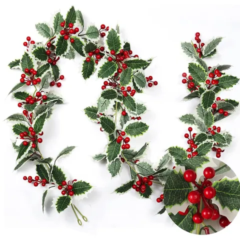 Artificial Christmas Garland With Norfolk Pine Red Berries Frosted Winter Holly Leaf Vine For Table Mantel Home Holiday Decoration