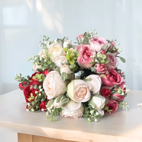 Elegant Artificial Ranunculus Bouquet Silk Fabric Decorative Fake Flowers With Eucalyptus Leaves For Home Living Room Wedding Photography Decor