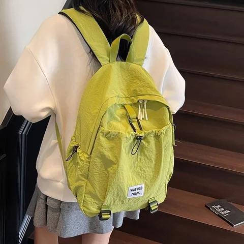 Large Capacity Fashion Nylon Backpack For Students Casual School Bag With Drawstring Pocket Lightweight Travel Rucksack