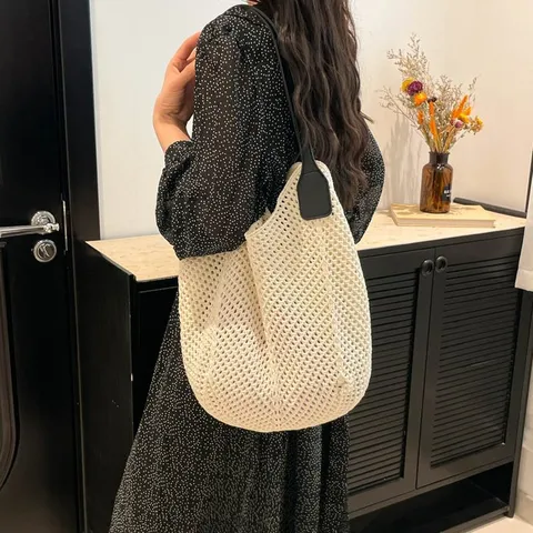 Womens Casual Knit Tote Bag Vintage Cotton Thread Woven Shoulder Bag Large Capacity Beach Vacation Handbag