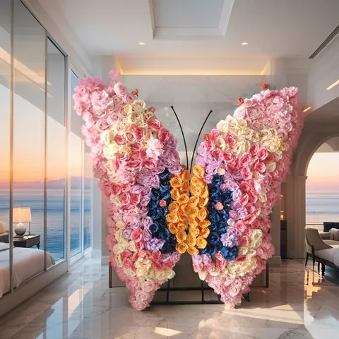 Decoración de Boda de Mariposa 3D Gigante Soporte de Flor de Rosa de Seda Artificial para Accesorio de Diseño de Escenario de Escaparate Conjunto de Marco de Mariposa