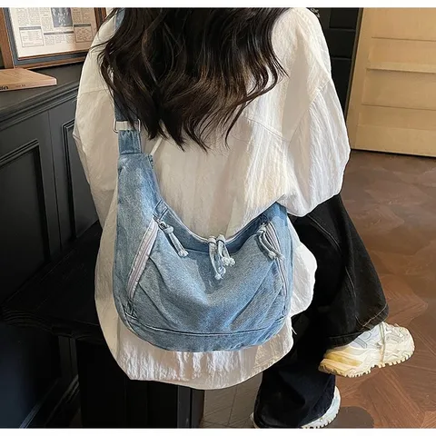 Vintage Large Capacity Washed Denim Dumpling Bag For Women Fashion University Students Commuting Shoulder Crossbody Bag Hobo Bag