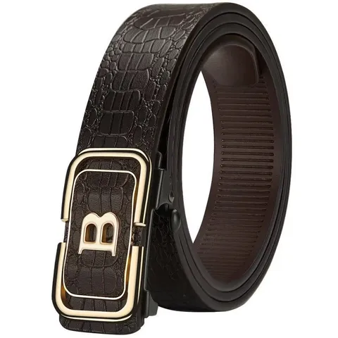 Men Crocodile Pattern PU Leather Belt Letter B Automatic Buckle Business Casual Waistband Retro Vintage Style Adjustable Waist Belt