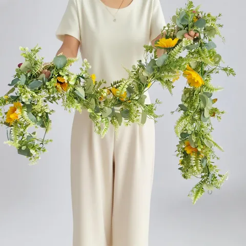 Artificial Sunflower Garland Faux Greenery Vines Silk Yellow Sunflower Rattan Hanging Plant For Home Outdoor Wedding Garden Wall Party Decor