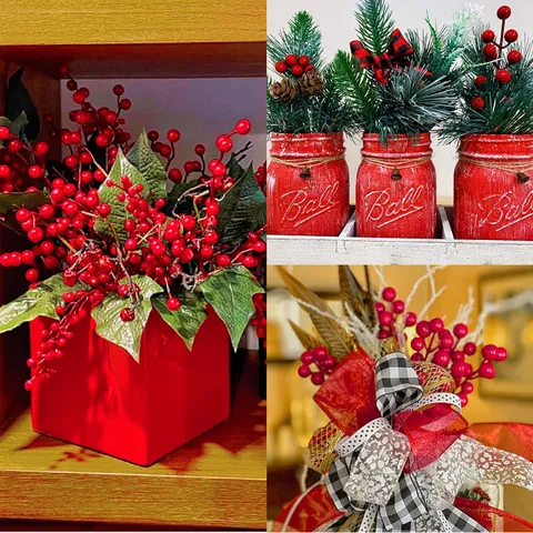 Artificial Red Berries Christmas Berry Stems Fake Fruit Branches For Home Party Wedding New Year Decorations Floral Arrangements