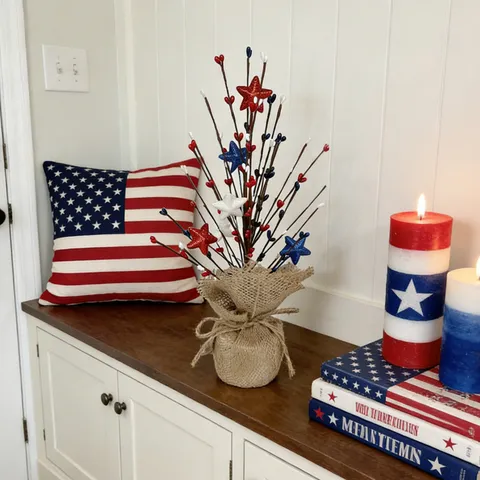 Ramas de Bayas Artificiales Con Estrellas de Purpurina para Decoración de Mesa del Día de la Independencia de EE UU Rojo Blanco Azul Adornos Base Arpillera