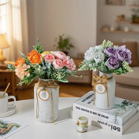 Ramo de Rosas y Peonías Artificiales de Seda Estilo Nórdico Ins Flores Falsas para Decoración de Mesa de Hogar Boda Fotografía