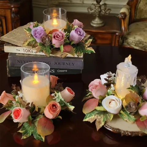 European Retro Rose Maple Leaf Candlestick Wreath Ornament Artificial Floral Garland With LED Candle For Wedding Home Decor Table Centerpiece