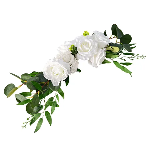 Guirnalda de Flores Artificiales de Rosa Blanca y Eucalipto para Decoración de Arco de Boda Letrero de Bienvenida Silla de Seda