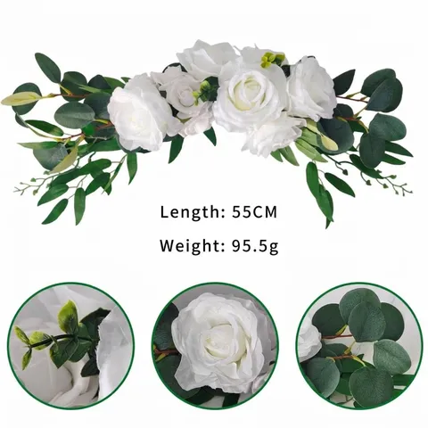 Guirnalda de Flores Artificiales de Rosa Blanca y Eucalipto para Decoración de Arco de Boda Letrero de Bienvenida Silla de Seda