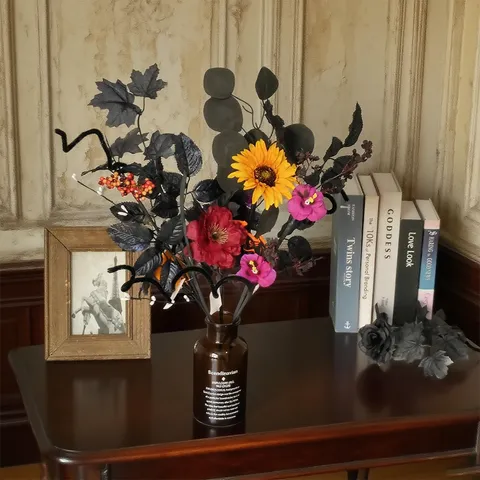 Halloween Flores Artificiales Gótico Negro Calabaza Girasol Murciélago Rama Tallo Espeluznante Floral Hogar Fiesta Mesa Centro de Mesa Decoración Arreglo Adorno