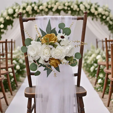 Künstliche Hochzeit Blumenreihe Satin Seide Rose Orchidee Floral Willkommensschild Bogen Dekor Party Stuhl Rücken Blumenarrangement