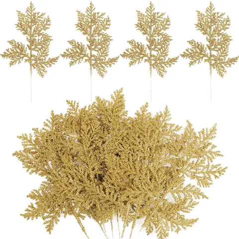 Glitzer Gold Künstliche Tannenzweige Urlaub Blätter Spray Für Weihnachtsbaum Kranz DIY Floristik Hochzeit Anordnung Haus Party Dekoration Ornament