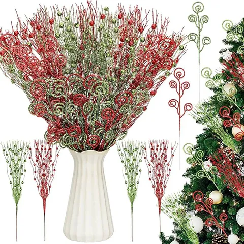 Glitzer Weihnachts-Stecker Set Mit Drachenbart Beeren Bonbon Wirbel Zweige Für Weihnachtsbaum Haus Tisch Dekoration Ornament
