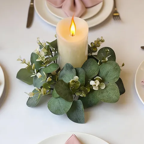 4 Pcs Artificial Eucalyptus Leaf Candle Rings Wreaths Plastic Greenery Candle Rings For Pillar Candles Table Wedding Party Home Decor