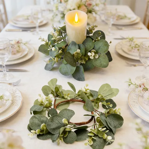 4 Pcs Artificial Eucalyptus Leaf Candle Rings Wreaths Plastic Greenery Candle Rings For Pillar Candles Table Wedding Party Home Decor