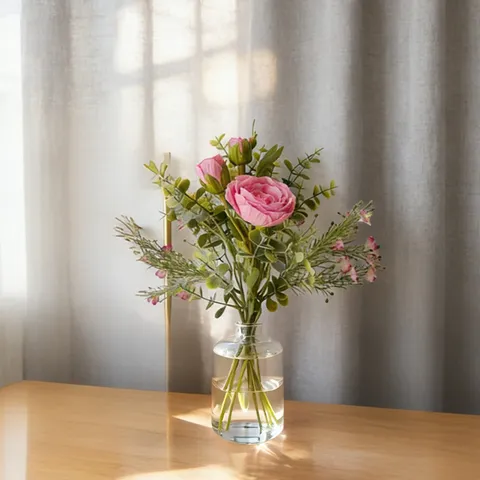 Kunstmatige Ranonkels Boeket Zijde Stof Nep Bloem Handgebonden Gipskruid Eucalyptus Bundel Voor Huisdecoratie Bruiloft Bruidsboeket Arrangement