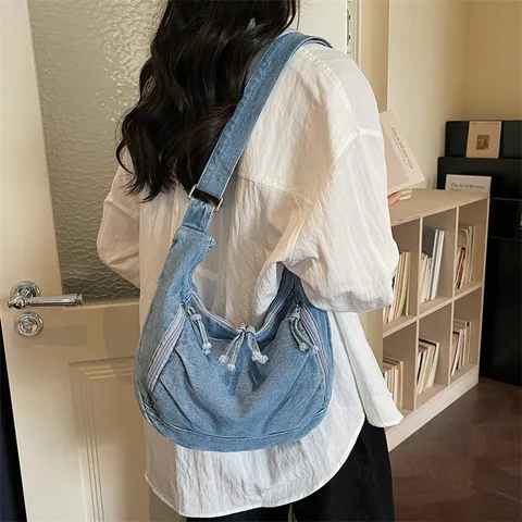 Vintage Large Capacity Washed Denim Dumpling Bag For Women Fashion University Students Commuting Shoulder Crossbody Bag Hobo Bag