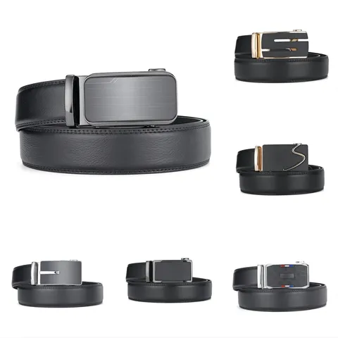 Men Business Casual Split Cowhide Leather Belt With Zinc Alloy Automatic Buckle Black Litchi Grain Patent Finish Waist Strap